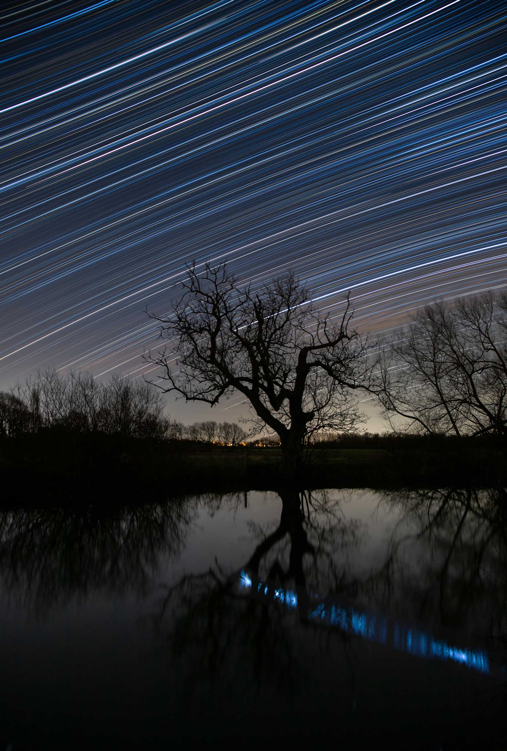 My first attempt at star trails, in February 2022, proved a surprising success. Four hours of trails, from 7pm to 11pm was all I could bear in the cold, but the composition with the so called 'jumping tree', and trails diverging from the equatorial line, worked fabulously.